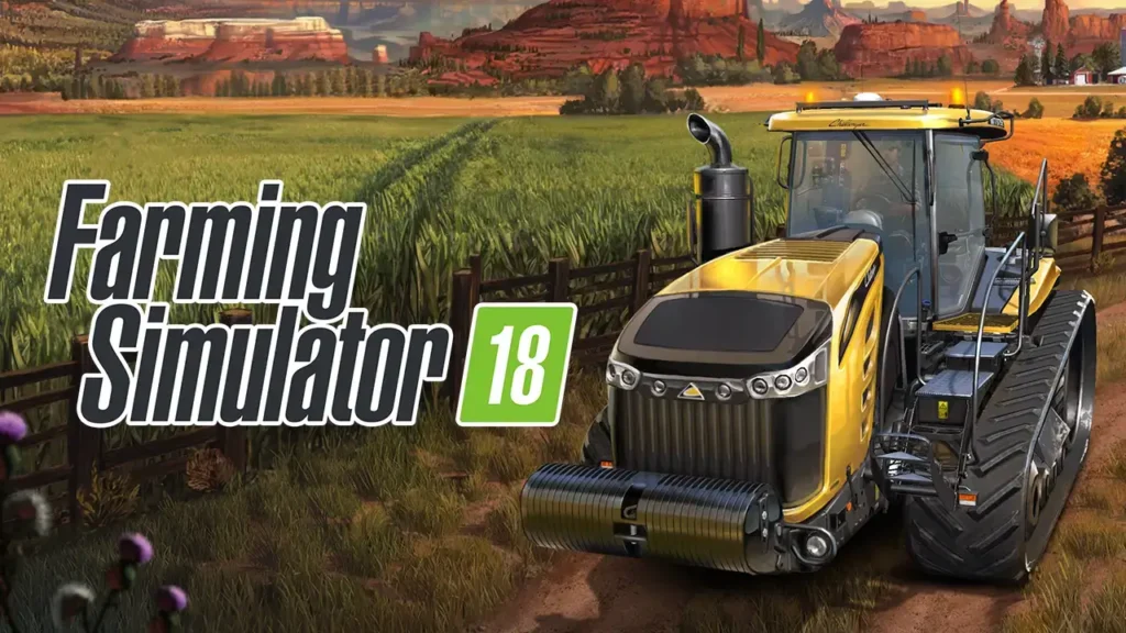 A detailed view of Farming Simulator 18 gameplay showing modern farming machinery and lush crops.