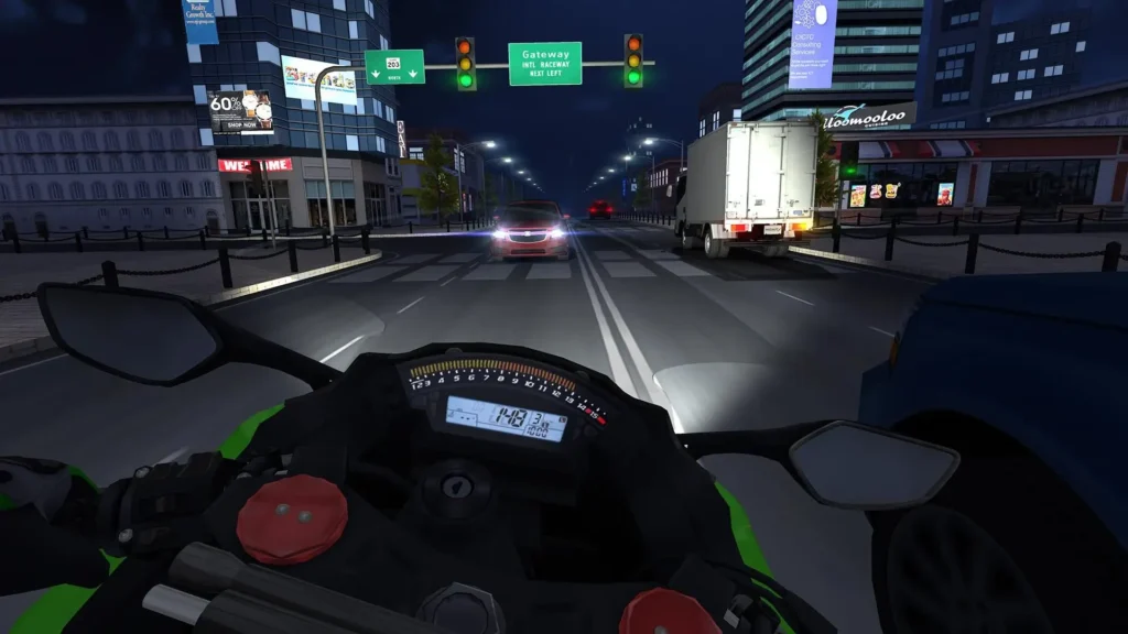 Screenshot of Traffic Rider game showing bike racing on a highway.