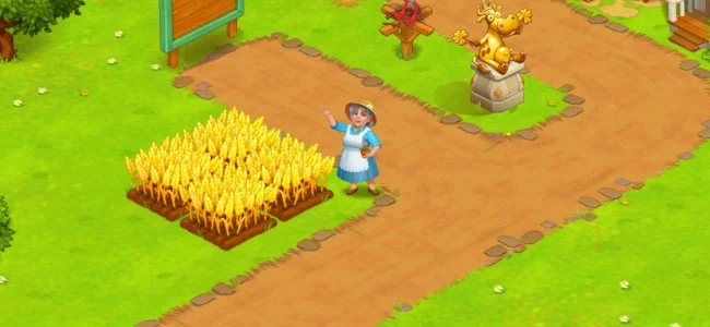 : A vibrant farm scene in Farm Town showing animals, crops, and happy villagers.