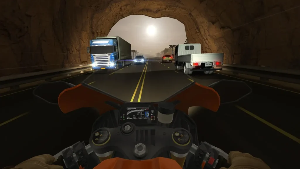 Screenshot of Traffic Rider game showing bike racing on a highway.