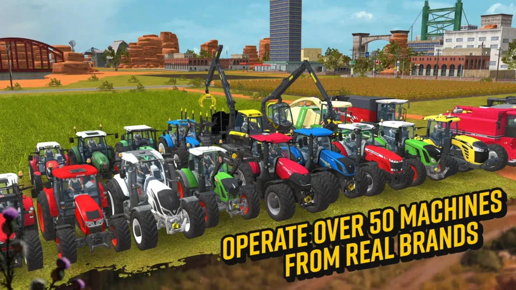 A detailed view of Farming Simulator 18 gameplay showing modern farming machinery and lush crops.