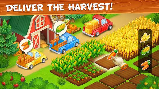 : A vibrant farm scene in Farm Town showing animals, crops, and happy villagers.