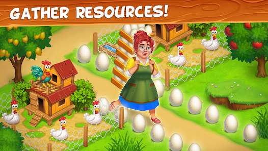 : A vibrant farm scene in Farm Town showing animals, crops, and happy villagers.