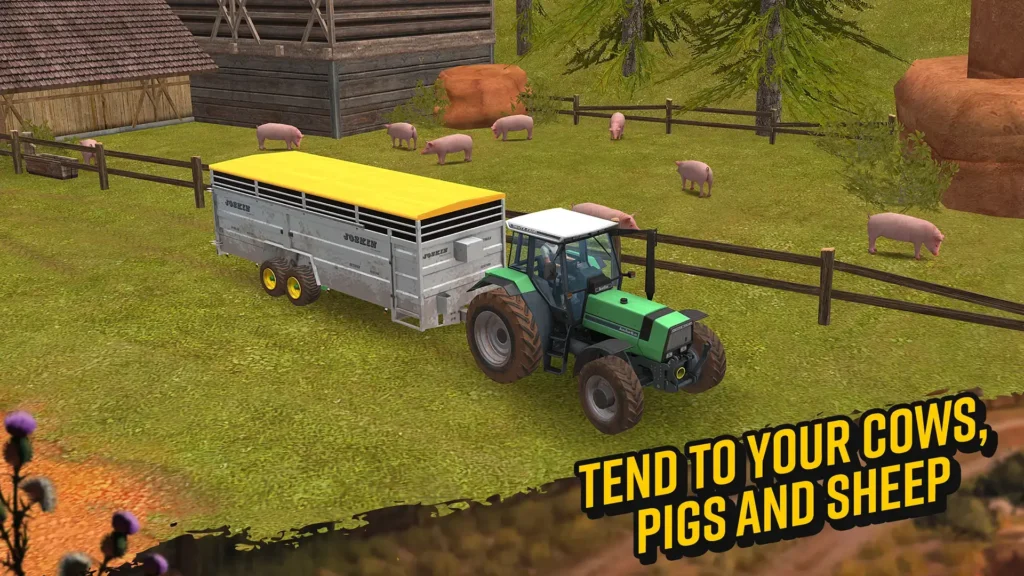 A detailed view of Farming Simulator 18 gameplay showing modern farming machinery and lush crops.