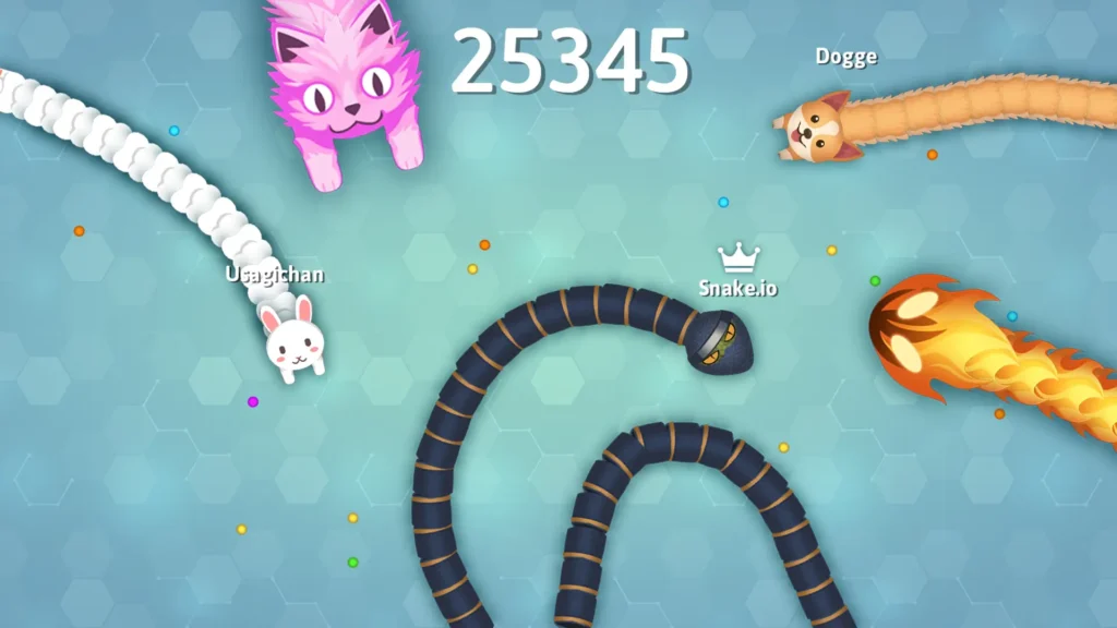  Snake.io Mod APK gameplay featuring a colorful snake with unique skins competing in a multiplayer mode.