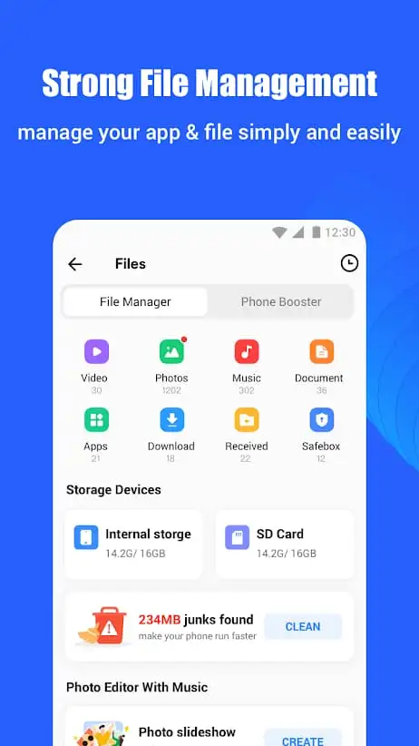 A smartphone displaying the SHAREit MOD APK  interface with file-sharing and streaming options.