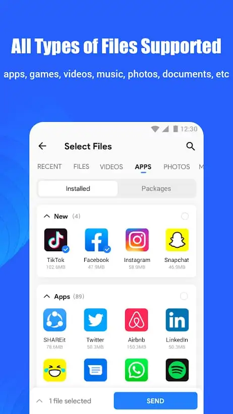 A smartphone displaying the SHAREit MOD APK  interface with file-sharing and streaming options.