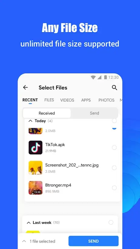 A smartphone displaying the SHAREit MOD APK  interface with file-sharing and streaming options.