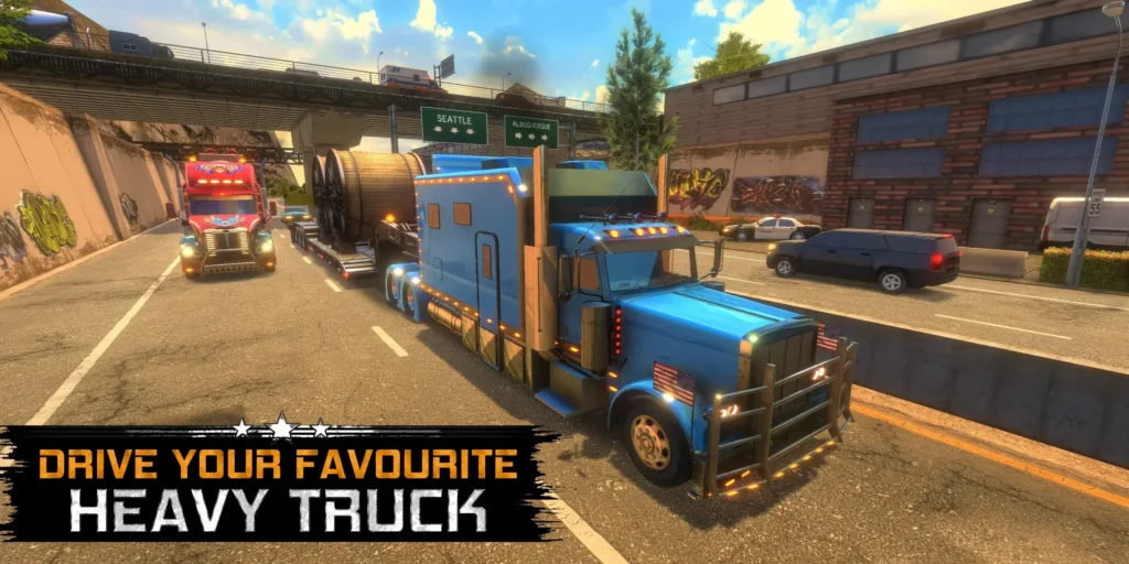 A realistic truck navigating through stunning American landscapes in Truck Simulator USA MOD APK.