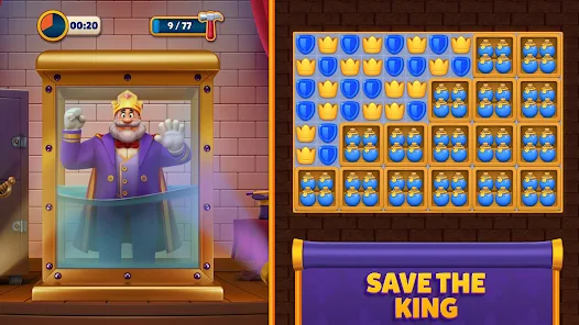  Royal Match game with colorful match-3 puzzles and King Robert’s decorated castle.