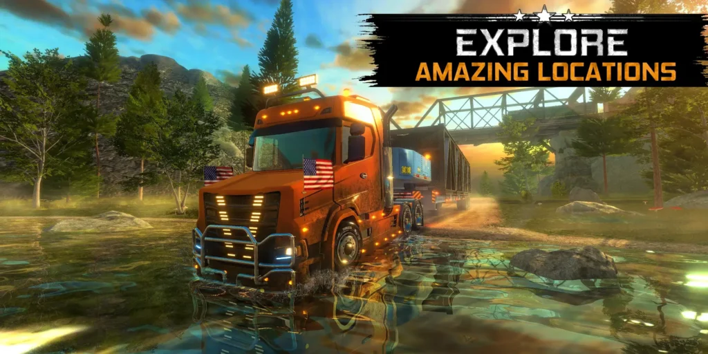 A realistic truck navigating through stunning American landscapes in Truck Simulator USA MOD APK.